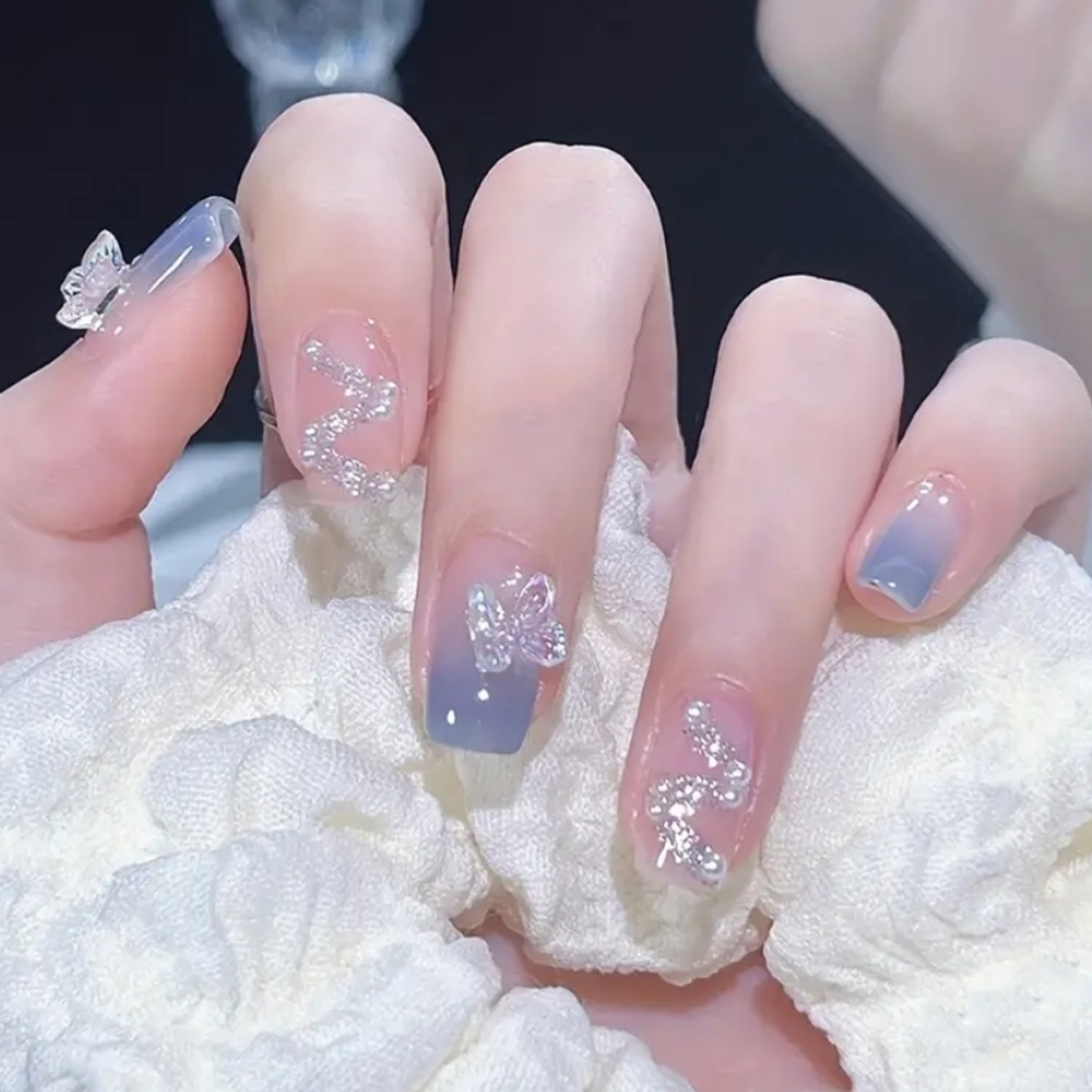 BEAUTIFUL NAIL 3D Butterfly and Pearl Design Press-On Nails